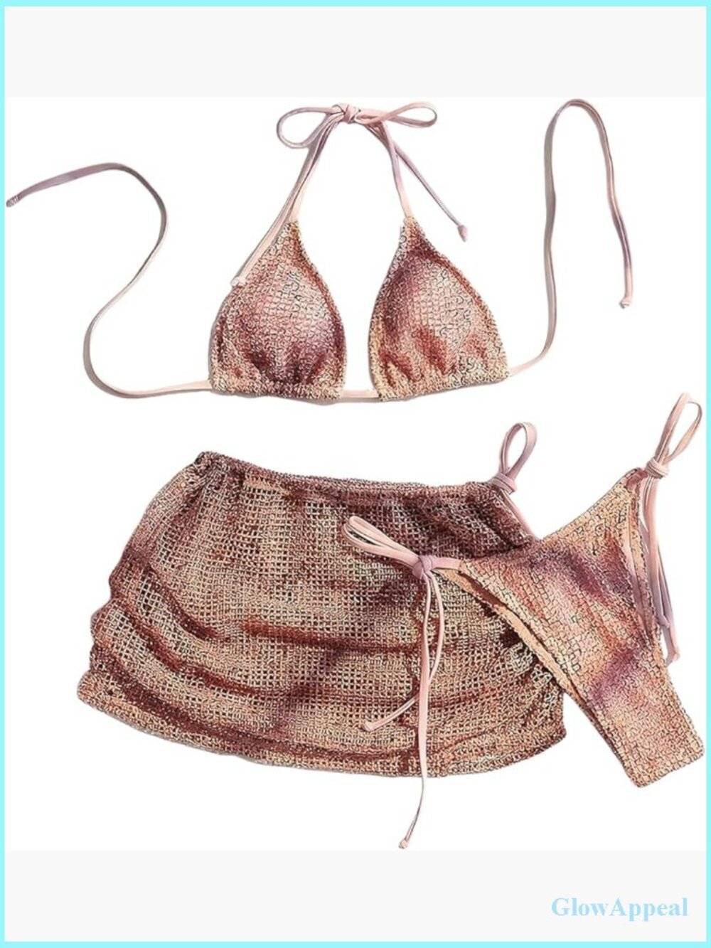 3 Piece Crochet Bikini Set Halter Triangle Swim with Skirt Cover Up